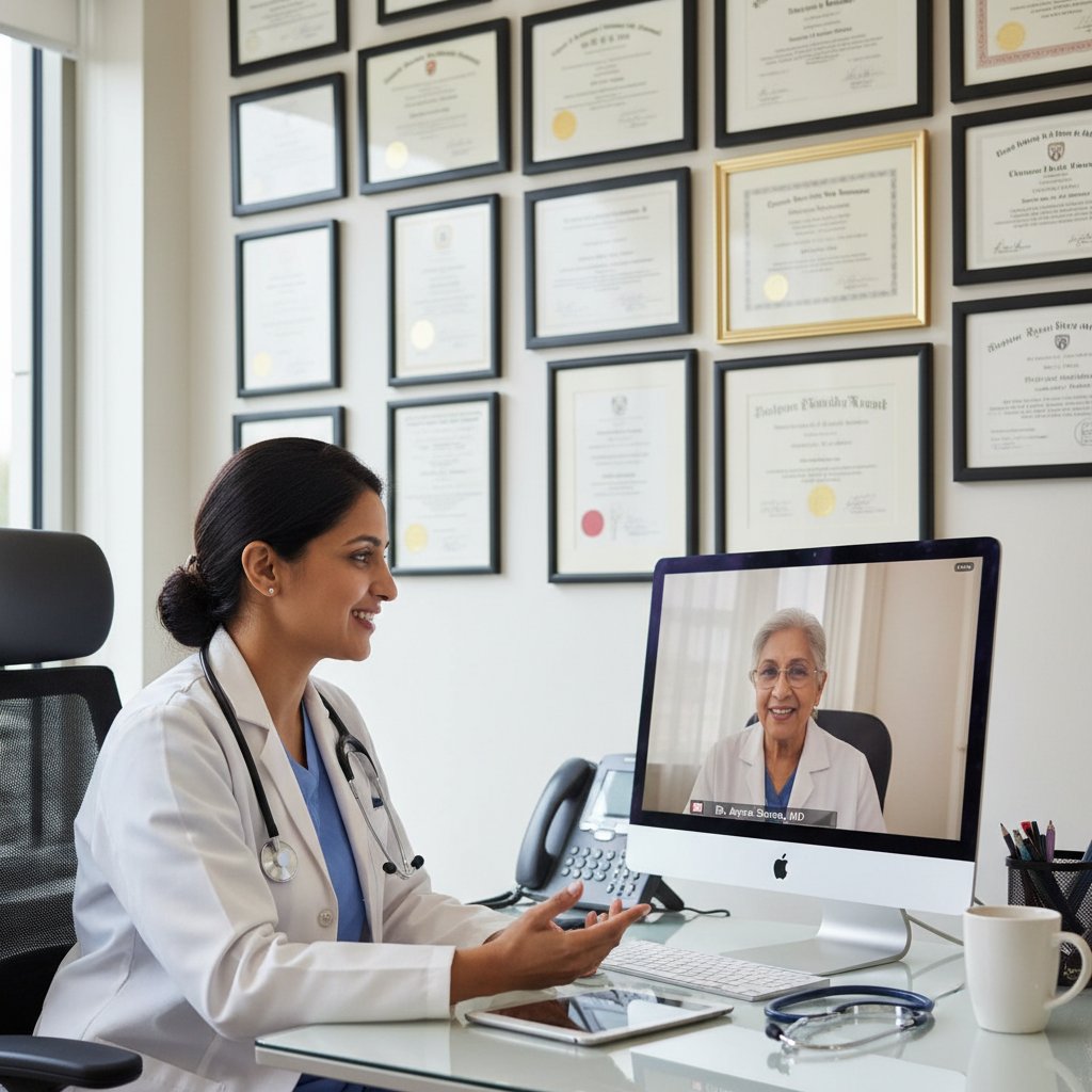 Lekarz siedzący przed komputerem podczas wideokonsultacji, widoczne dyplomy na ścianie