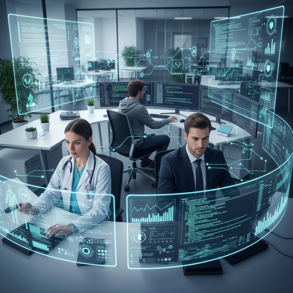 Doctor, banker, developer at digital screens, analyzing workflows in blended office/clinic/lab, analytical mood, clear, 16:9.