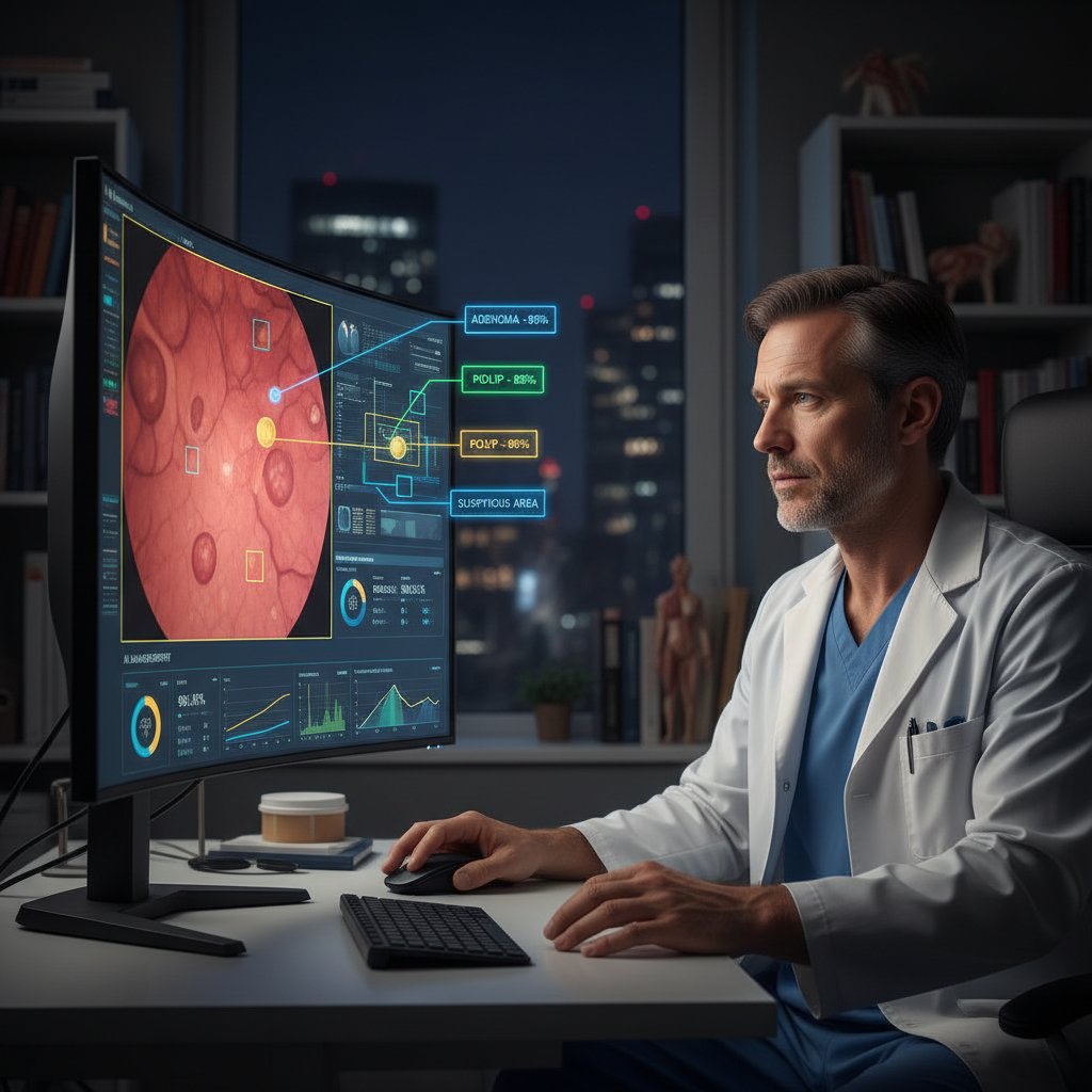 Lekarz porównuje obraz endoskopowy z analizą AI na ekranie komputera