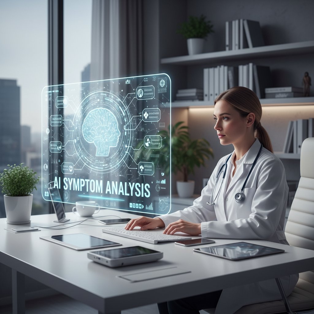 Lekarz przy komputerze analizujący symptomy pacjenta przez AI