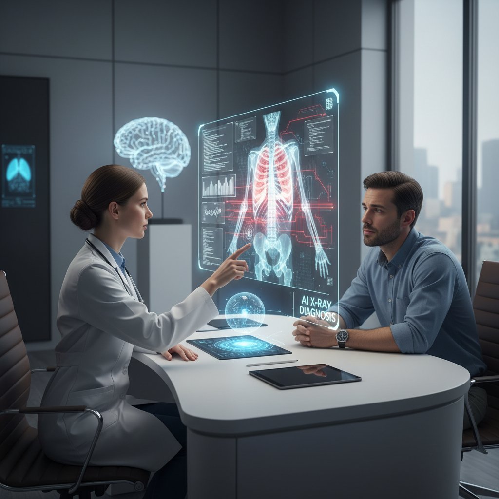 Lekarz konsultujący się z AI podczas analizy zdjęcia rentgenowskiego – współpraca człowieka z maszyną w medycynie