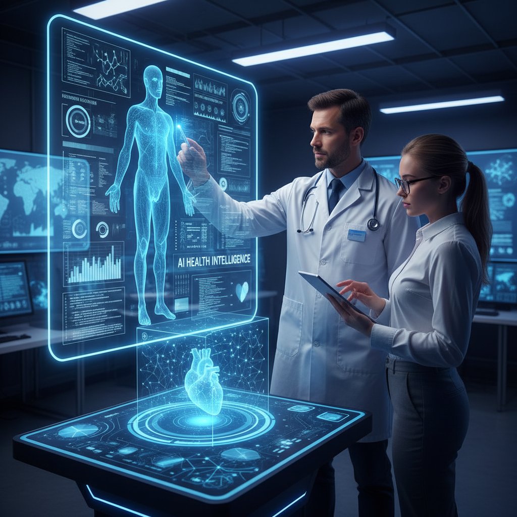 Lekarz i analityk danych przy komputerze, omawiający analizę objawów za pomocą AI