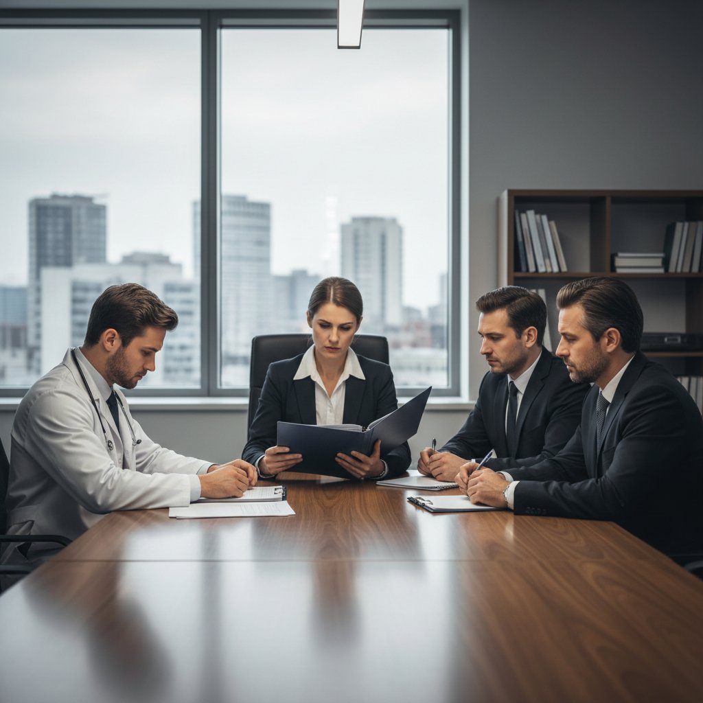 Lekarz podczas rozmowy dyscyplinarnej w gabinecie dyrektora szpitala, powaga sytuacji