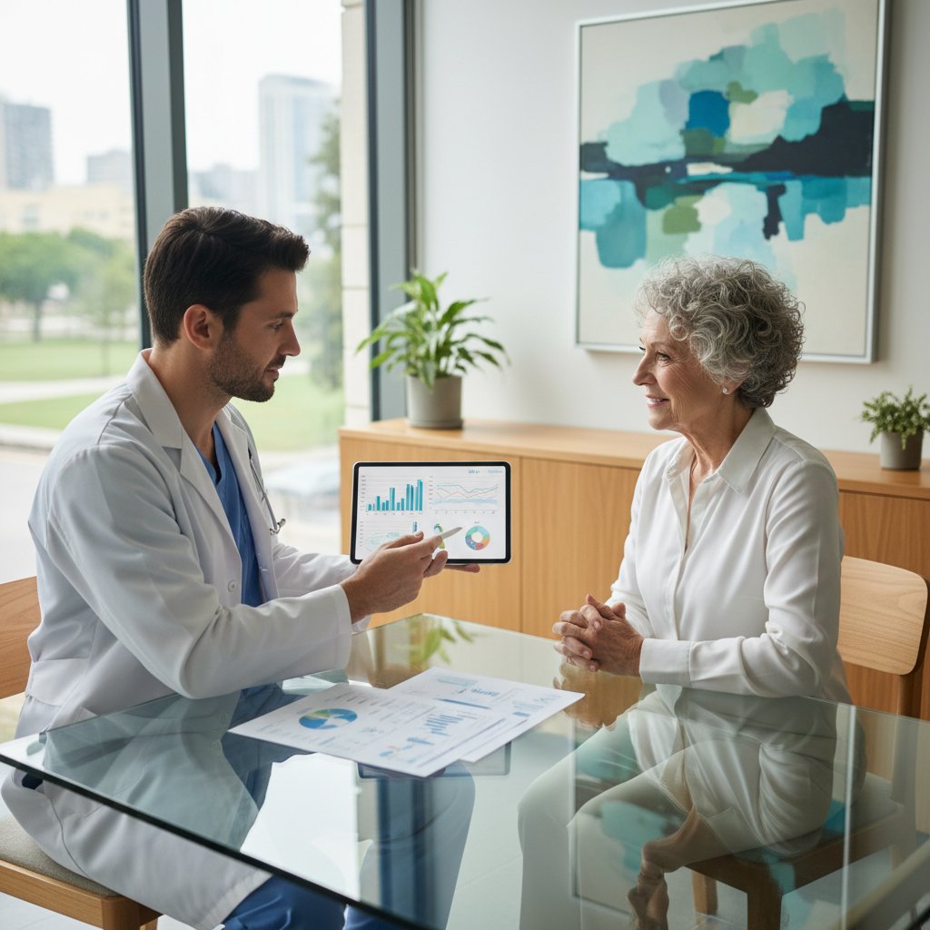 Lekarz konsultujący wyniki laboratoryjne z pacjentem starszym w nowoczesnej klinice