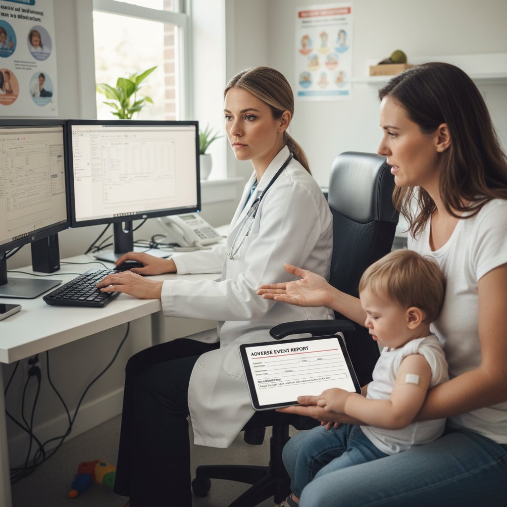 Lekarz wpisujący dane do komputera, obok rodzic z dzieckiem po szczepieniu, słowa kluczowe: zgłaszanie odczynów poszczepiennych
