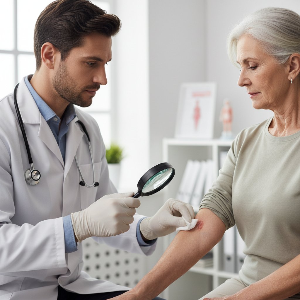 Chirurg oceniający gojenie rany przed decyzją o usunięciu szwów u seniora