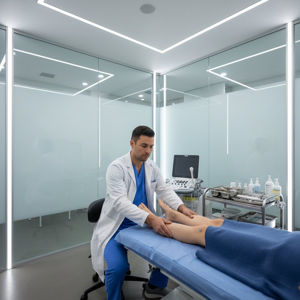 Lekarz bada pajączki naczyniowe na nodze pacjenta w nowoczesnej klinice
