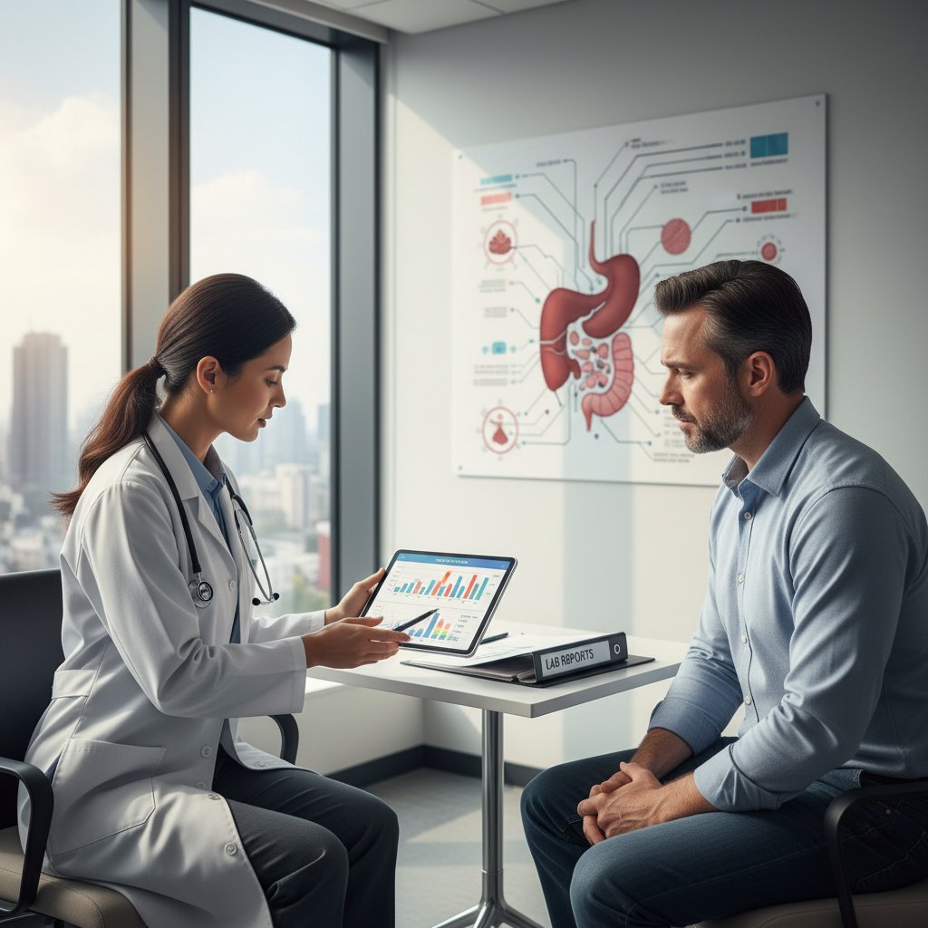 Lekarka wyjaśniająca wyniki badań pacjentowi – partnerska komunikacja