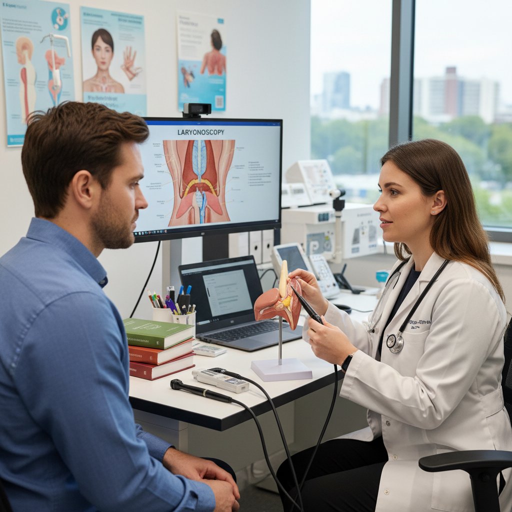 Lekarz rozmawia z pacjentem, wyjaśnia zasady badania laryngoskopowego