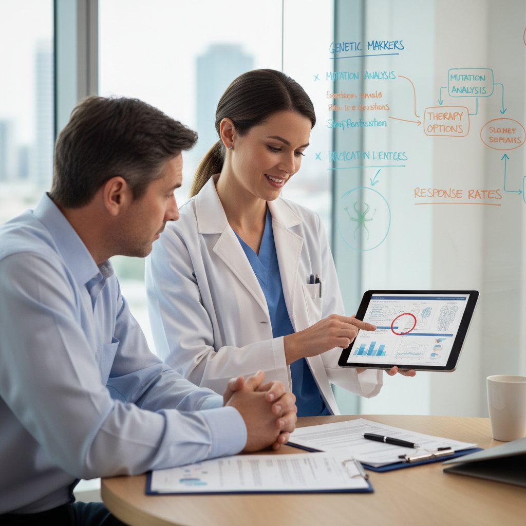 Lekarz tłumaczy pacjentowi trudne pojęcia medyczne, wspólna analiza wyników