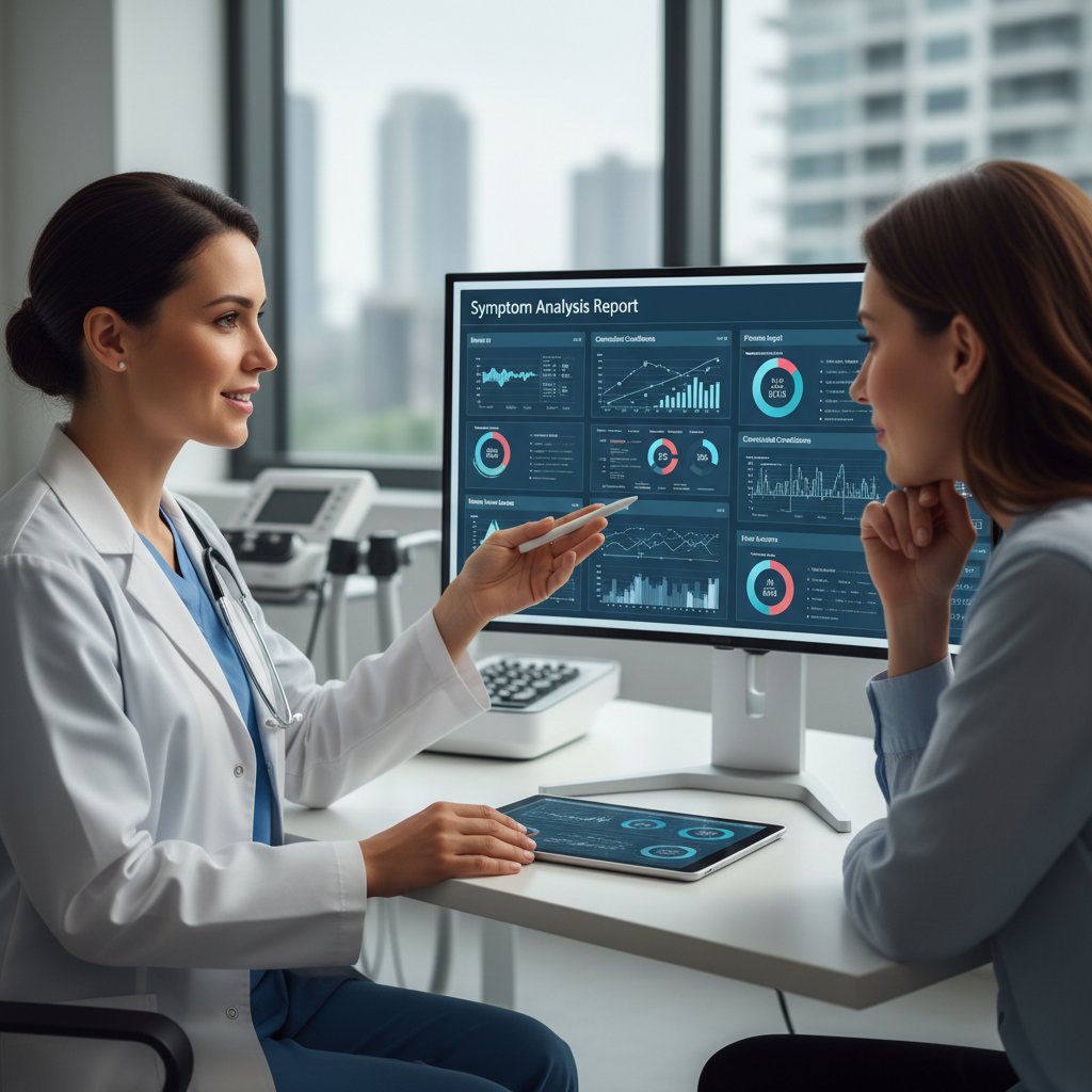 Lekarz wyjaśniający pacjentowi wyniki analizy symptomów na ekranie komputera
