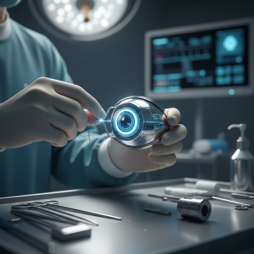 Lekarz prezentuje implant do leczenia jaskry – nowoczesna technologia w praktyce