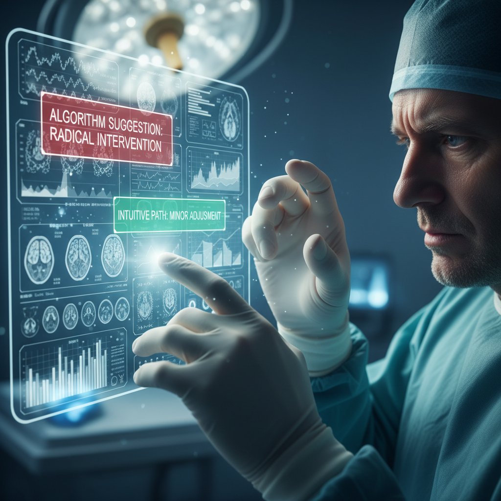 Zbliżenie na ręce lekarza i ekran z wynikami AI, napięta atmosfera, kontrast algorytm-ludzka intuicja