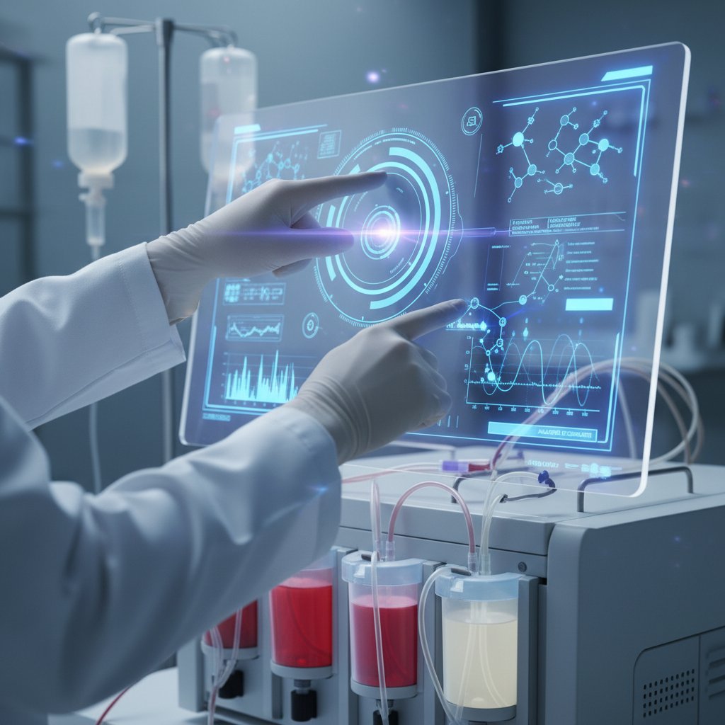 Zbliżenie na dłonie lekarza analizującego wyniki plazmaferezy na komputerze