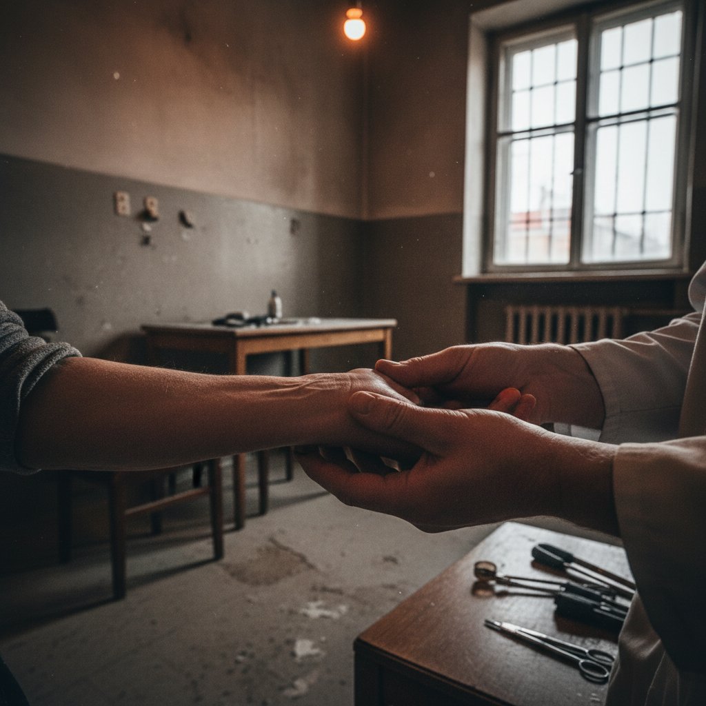 Lekarz badający nadgarstek pacjenta w polskiej przychodni, realistyczne oświetlenie, autentyczny klimat badania przedmiotowego