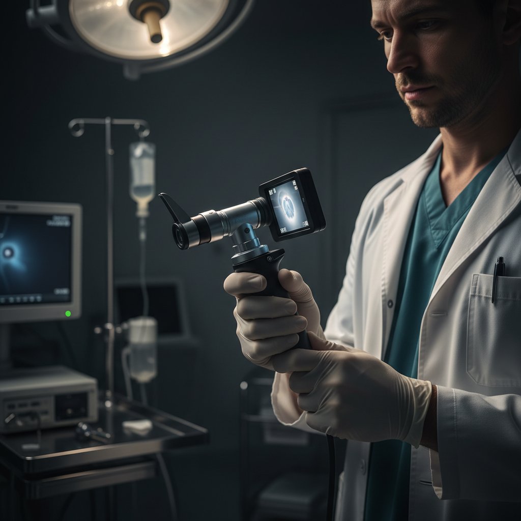 Lekarz przygotowuje nowoczesny laryngoskop w szpitalu, skupienie i napięcie