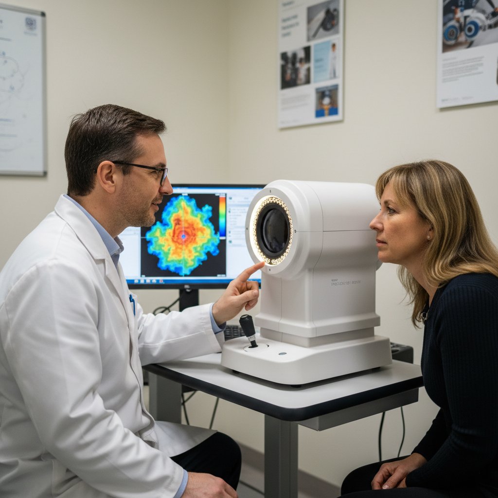 Lekarz instruujący pacjenta podczas badania topografii rogówki