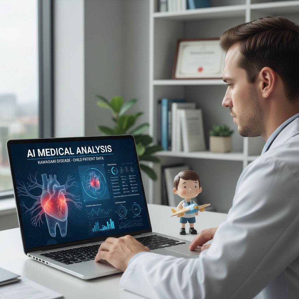 Lekarz korzysta z laptopa, na ekranie widoczny interfejs AI analizujący dane medyczne dziecka – SI w diagnozie kawasaki