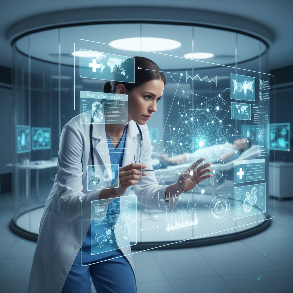 Algorytm decydujący o zdrowiu pacjenta - lekarz patrzący na ekran z danymi pacjenta