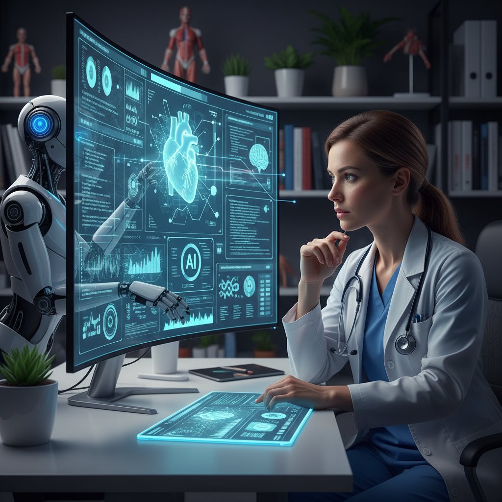 Lekarz patrzący na ekran z danymi AI, wyraz twarzy skupiony – analiza przez wirtualnego asystenta