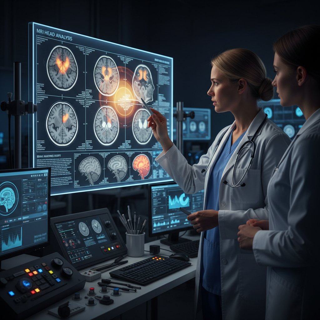 Lekarz analizujący obraz MRI głowy na ekranie monitora