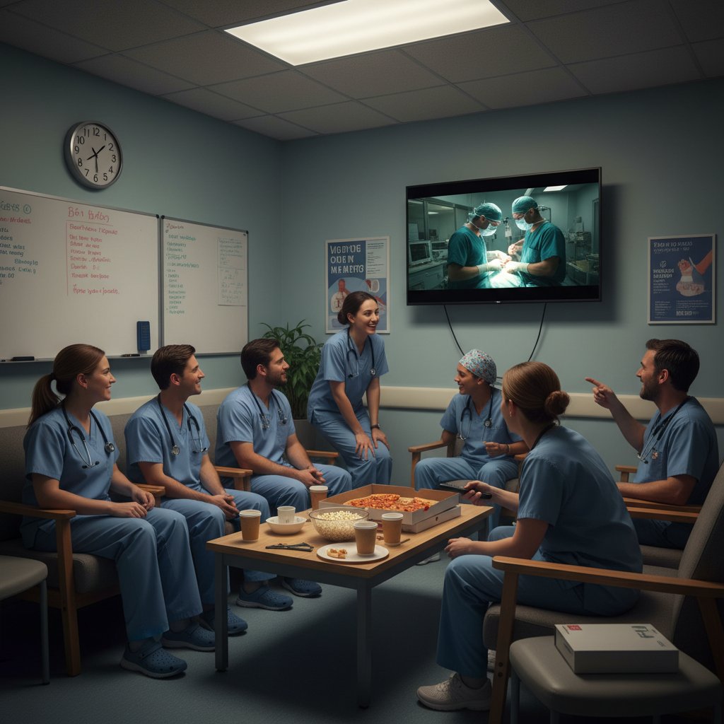 Medical professionals watching film for accuracy in breakroom, intent expressions