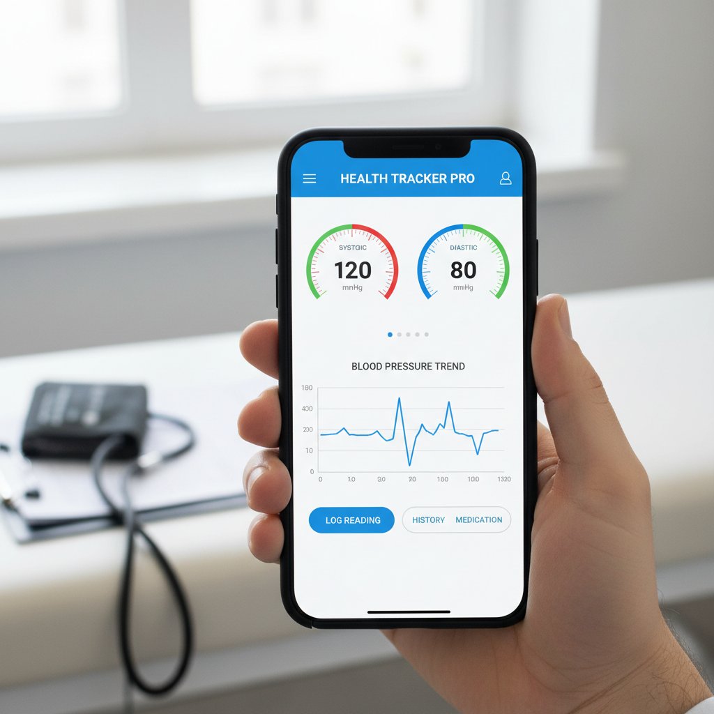 Nowoczesny gabinet lekarski, lekarz analizuje wyniki ciśnienia z aplikacji mobilnej