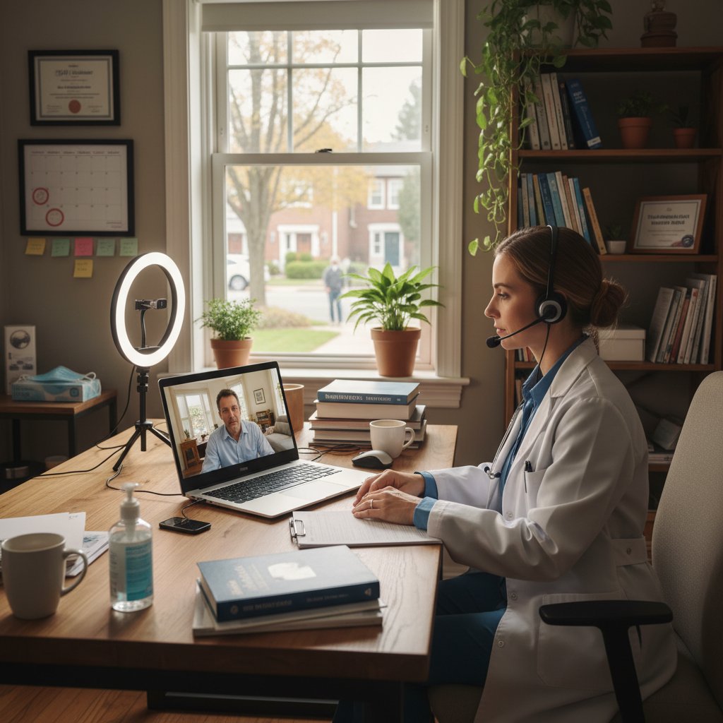 Lekarz rozmawiający przez kamerę internetową z pacjentem w domowym zaciszu, pandemia, maseczka na stole