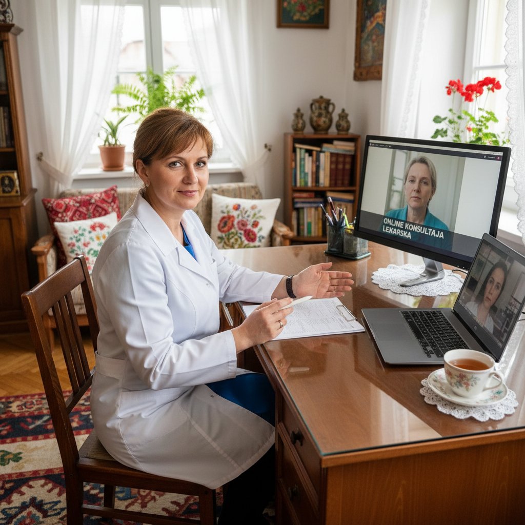 Lekarz prowadzący konsultację online z pacjentem w polskim otoczeniu domowym