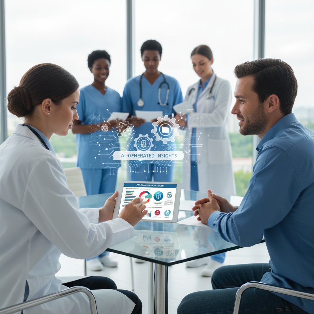 Doctor and patient co-reviewing AI-generated care plan on large tablet, hopeful mood, symbolizing AI-patient-clinician collaboration