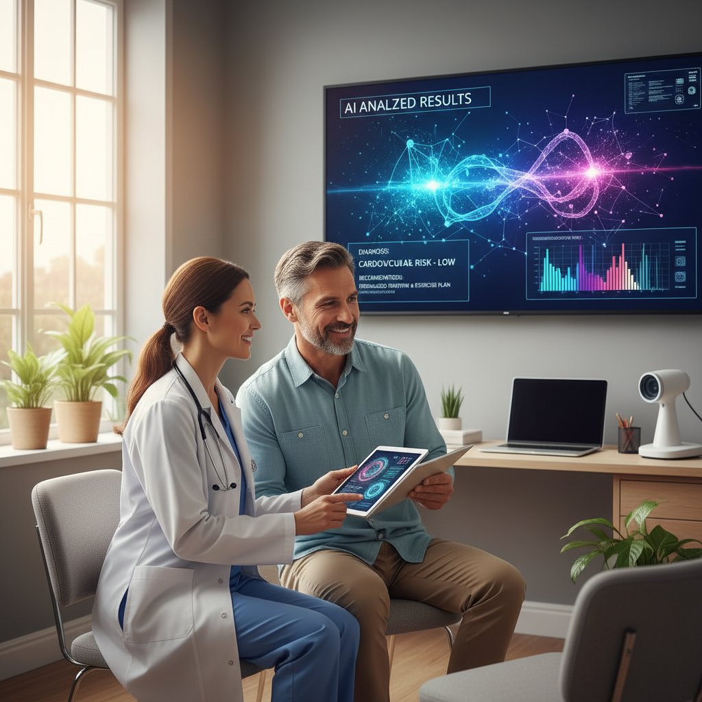 Lekarz i pacjent omawiają wyniki AI w gabinecie lekarskim