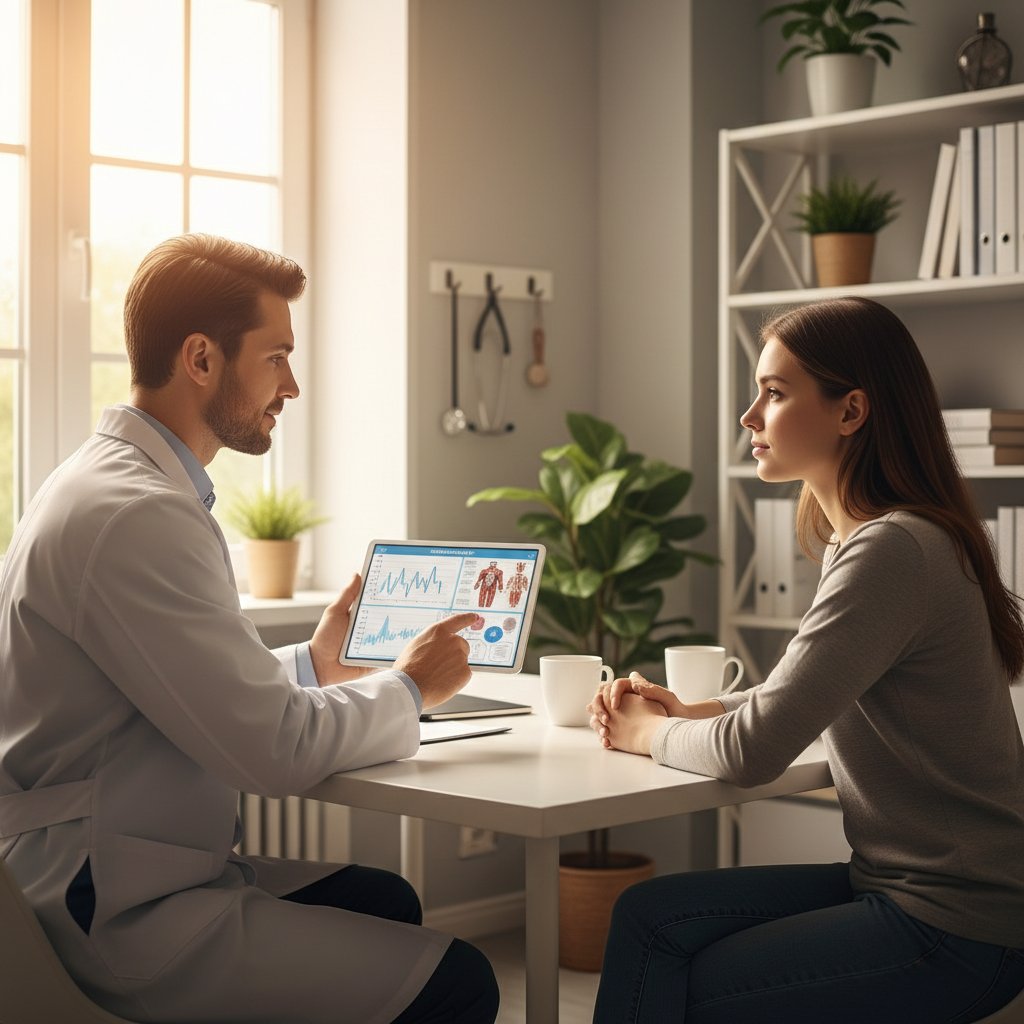Lekarz rozmawiający z pacjentem w gabinecie, analiza badań, spokojna atmosfera