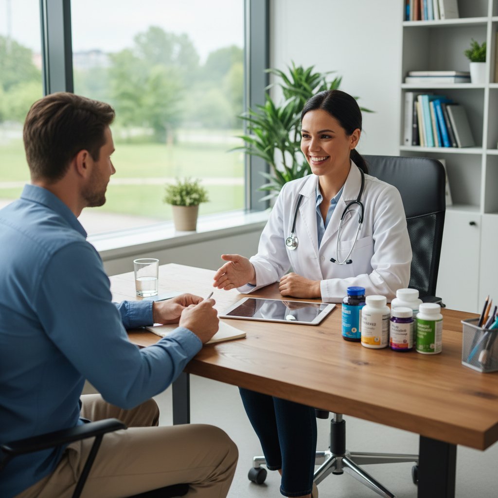 Lekarz konsultujący pacjentkę z dokumentacją medyczną dot. suplementacji jeżówką