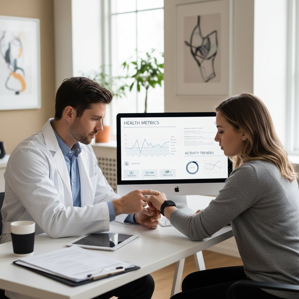 Lekarz i pacjent analizujący dane ze smartwatcha na komputerze w gabinecie.