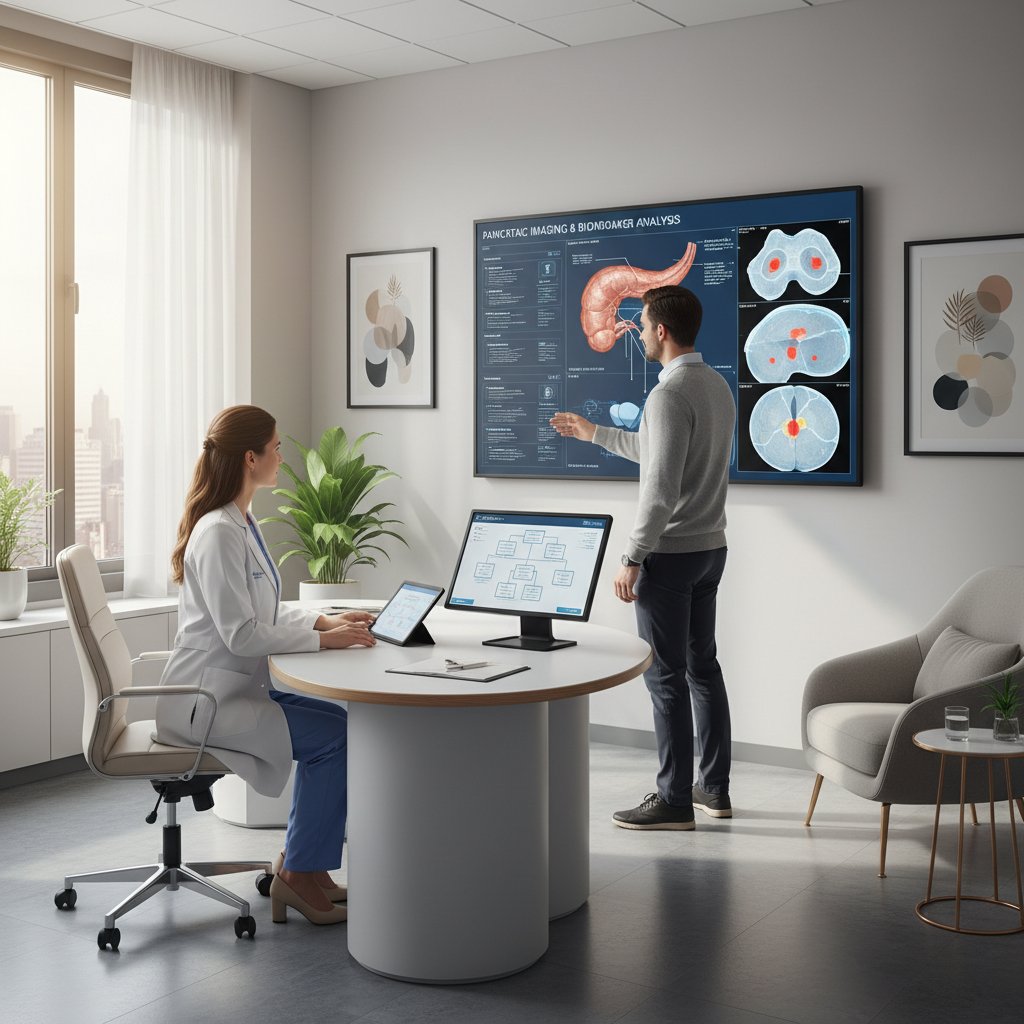 Lekarz analizujący wyniki badań z pacjentem w nowoczesnym gabinecie – alternatywna diagnostyka trzustki