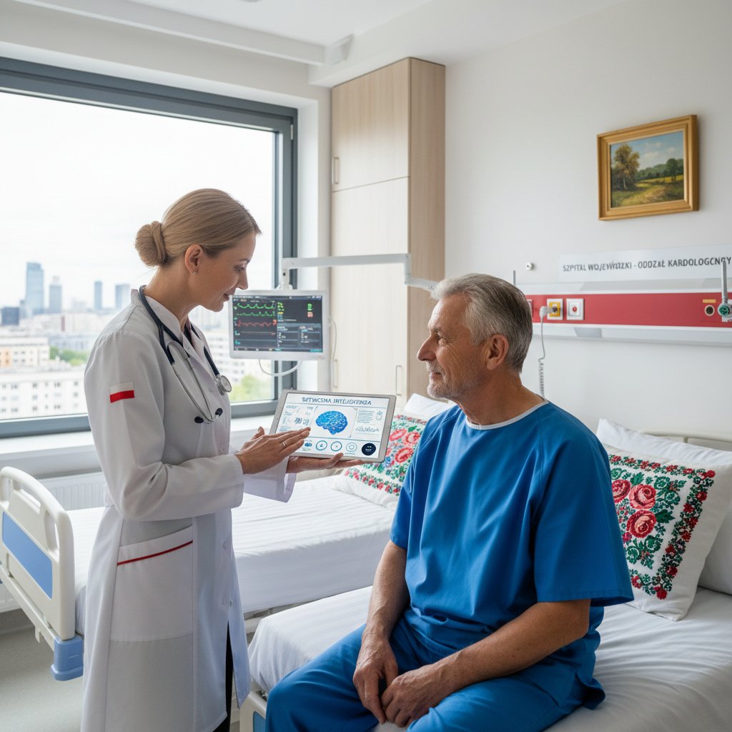 Lekarz i pacjent rozmawiający o wdrożeniu AI w polskiej służbie zdrowia