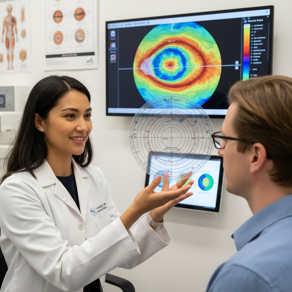 Lekarz i pacjent omawiający wyniki topografii rogówki na monitorze