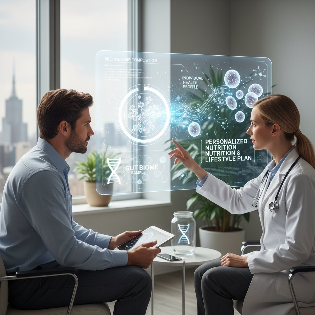 Lekarz i pacjent analizujący wyniki badań mikrobiomu, motyw indywidualizacji