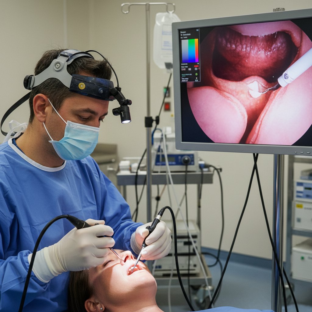 Lekarz wykonuje laryngoskopię za pomocą nowoczesnego endoskopu, obraz na ekranie