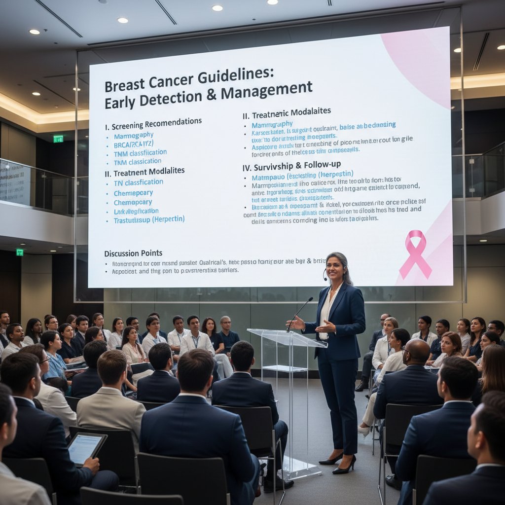 Lekarz prowadzący prezentację, slajd z wytycznymi profilaktyki raka piersi