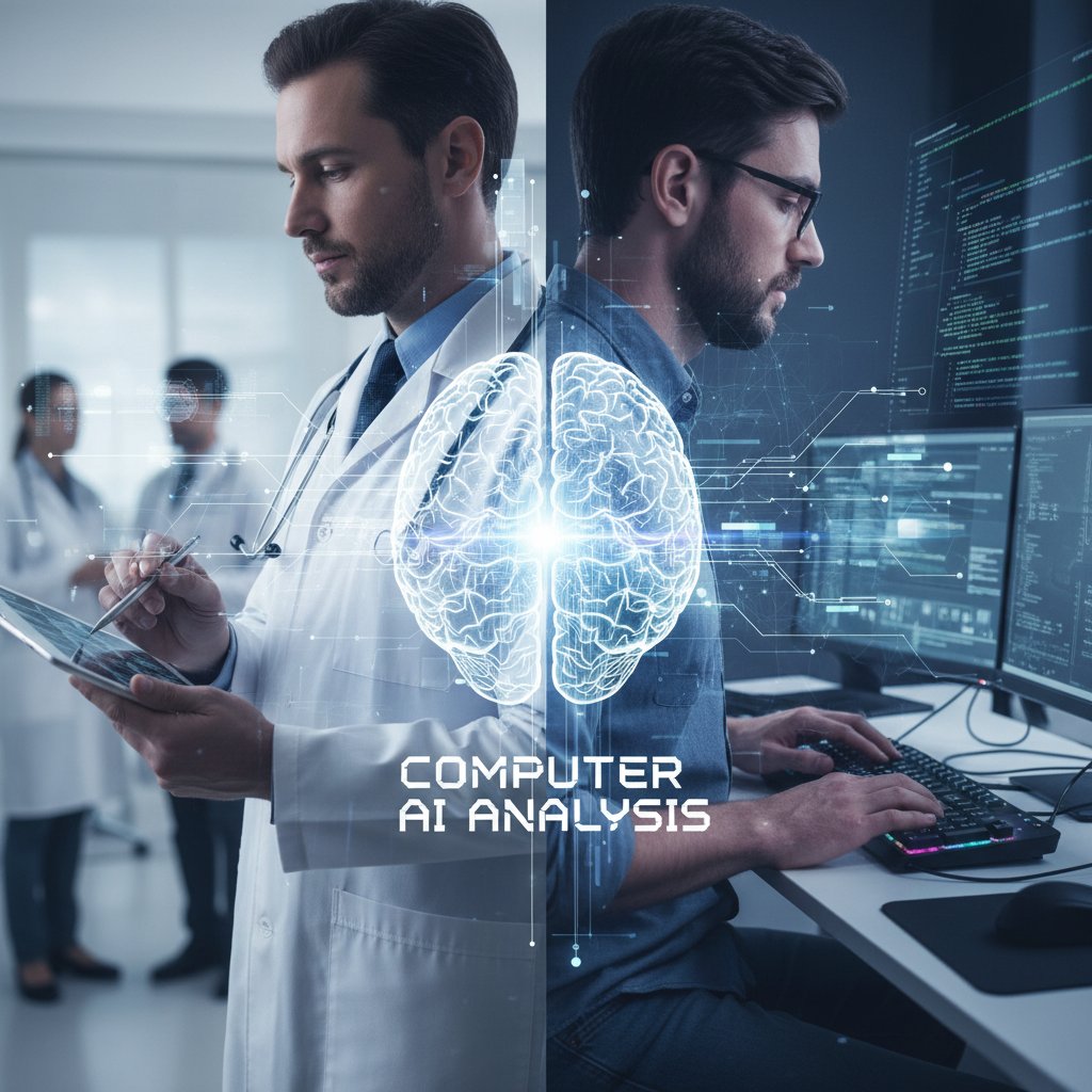 Lekarz oraz programista pracujący wspólnie nad algorytmem analizującym symptomy na ekranie komputera