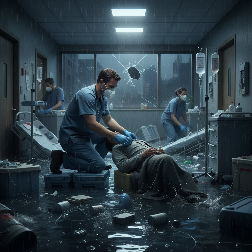 Lekarz udzielający pierwszej pomocy w zalanym szpitalu, maska ochronna, chaos wokół