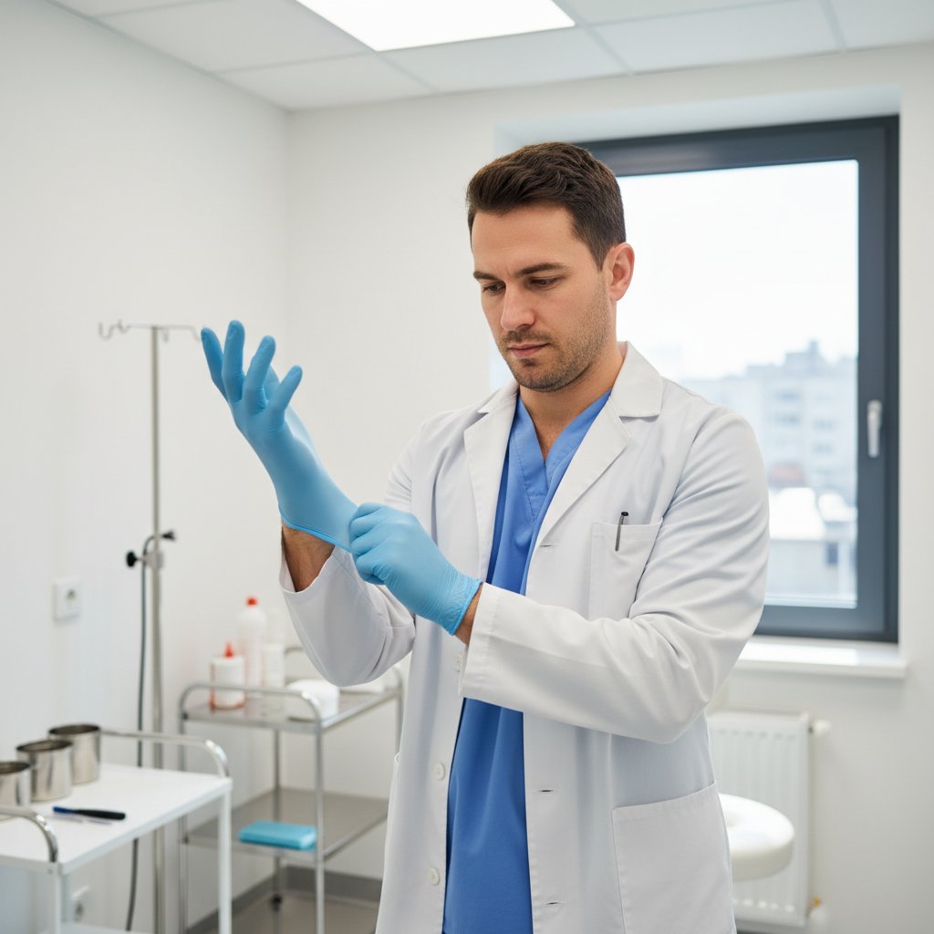 Lekarz zakłada rękawiczki przed zabiegiem, sterylny gabinet
