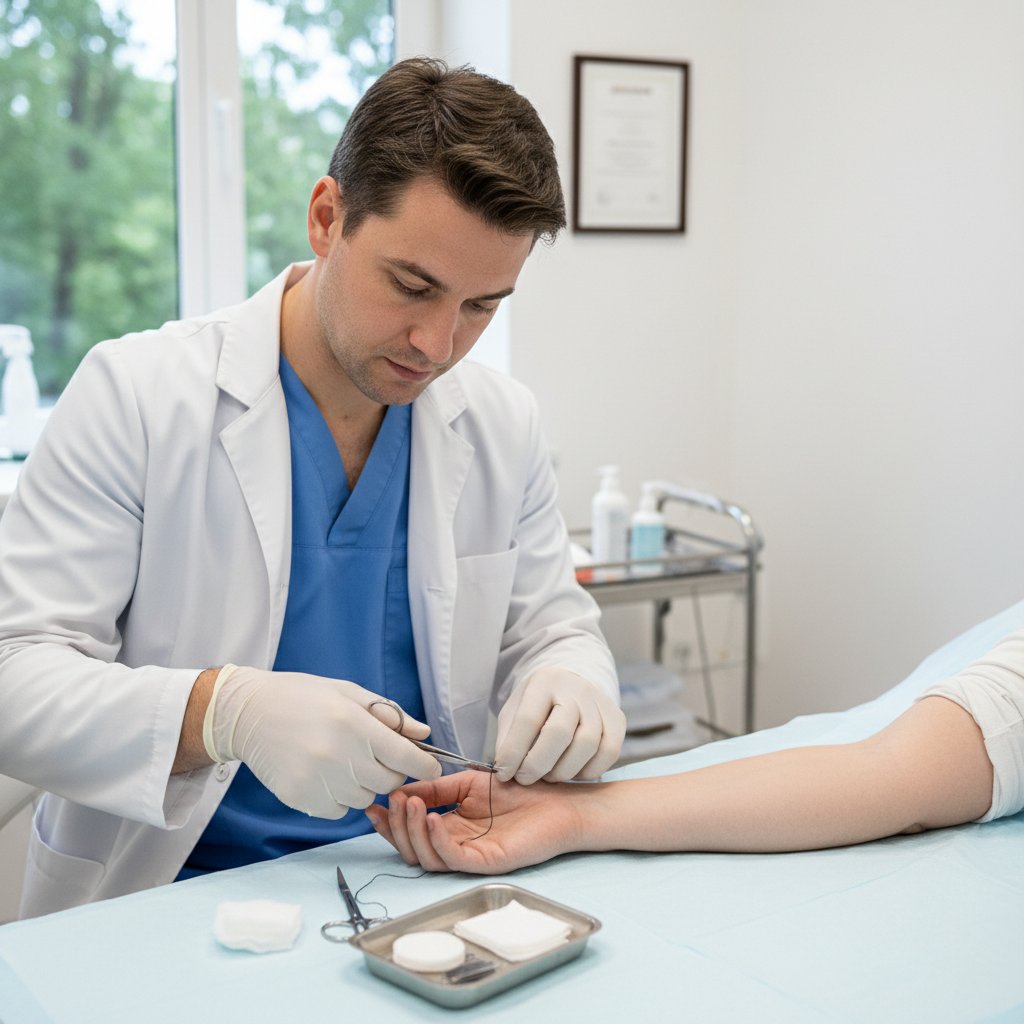 Lekarz w masce i rękawiczkach usuwa szwy z rany pacjenta na przedramieniu, sterylne warunki, profesjonalny gabinet