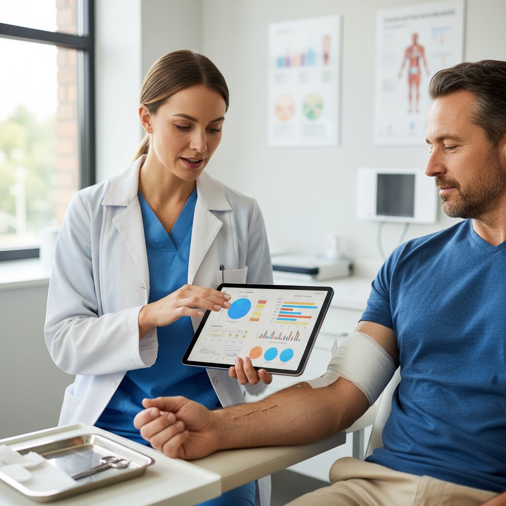 Lekarz pokazuje pacjentowi na tablecie statystyki powikłań po usunięciu szwów