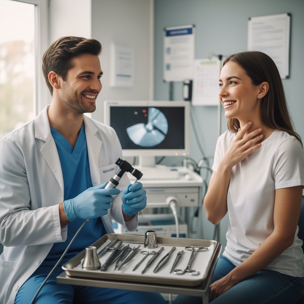 Lekarz trzyma laryngoskop, pacjent uśmiecha się z ulgą po badaniu