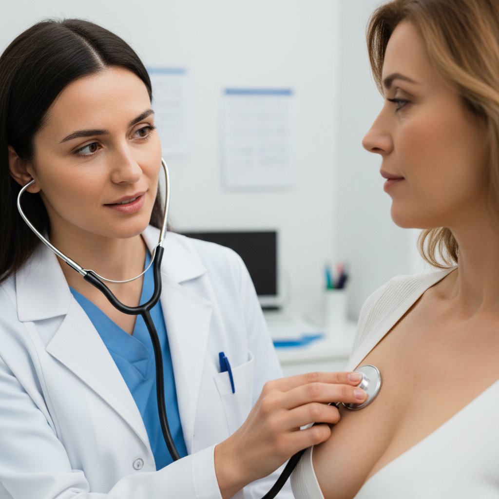 Lekarz przykładający stetoskop do piersi pacjentki, z wyraźnym skupieniem na twarzy - zdjęcie ilustrujące diagnostykę bólu piersi