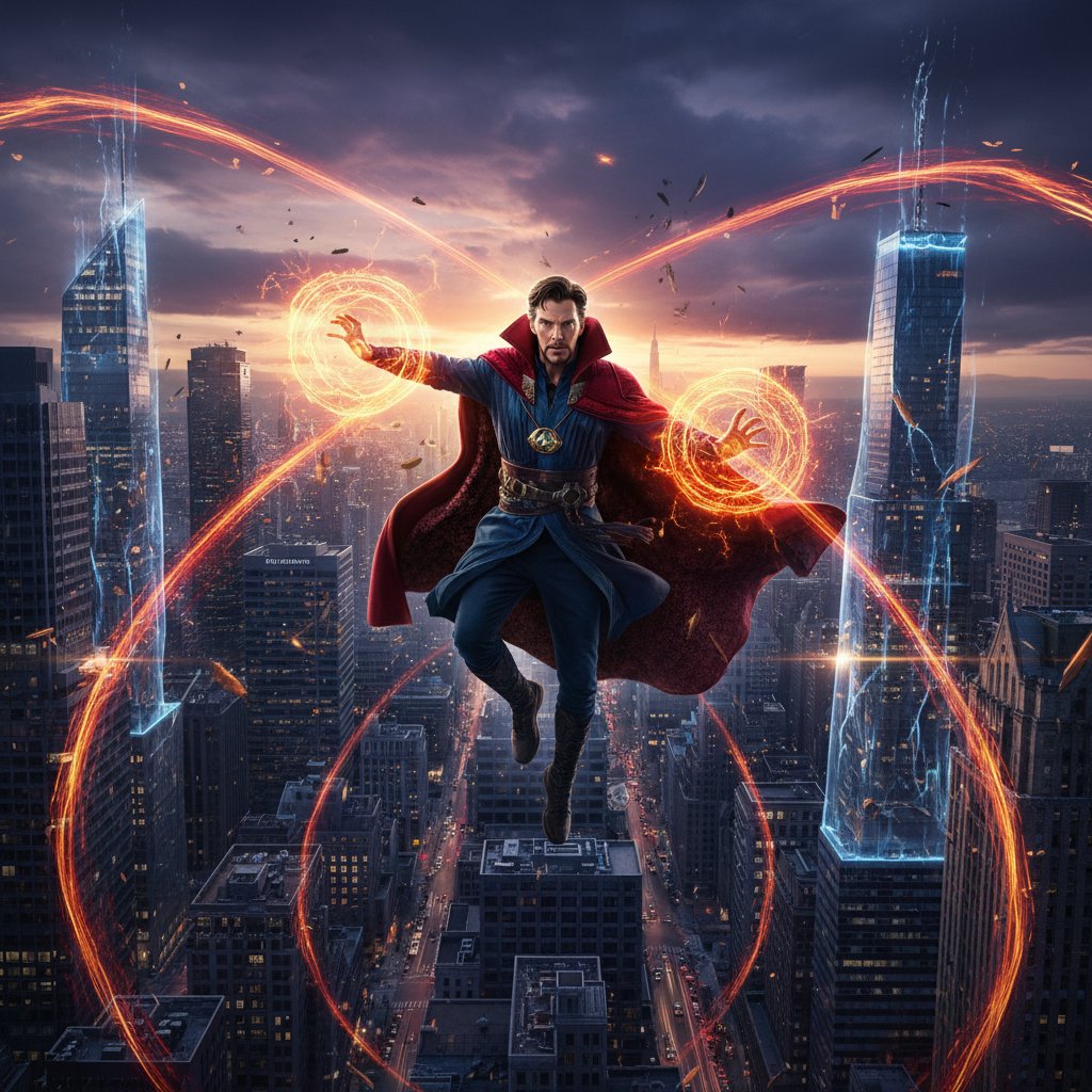 City buildings fracturing and swirling around a spell-casting Doctor Strange, vivid colors, magical energy, action-packed scene