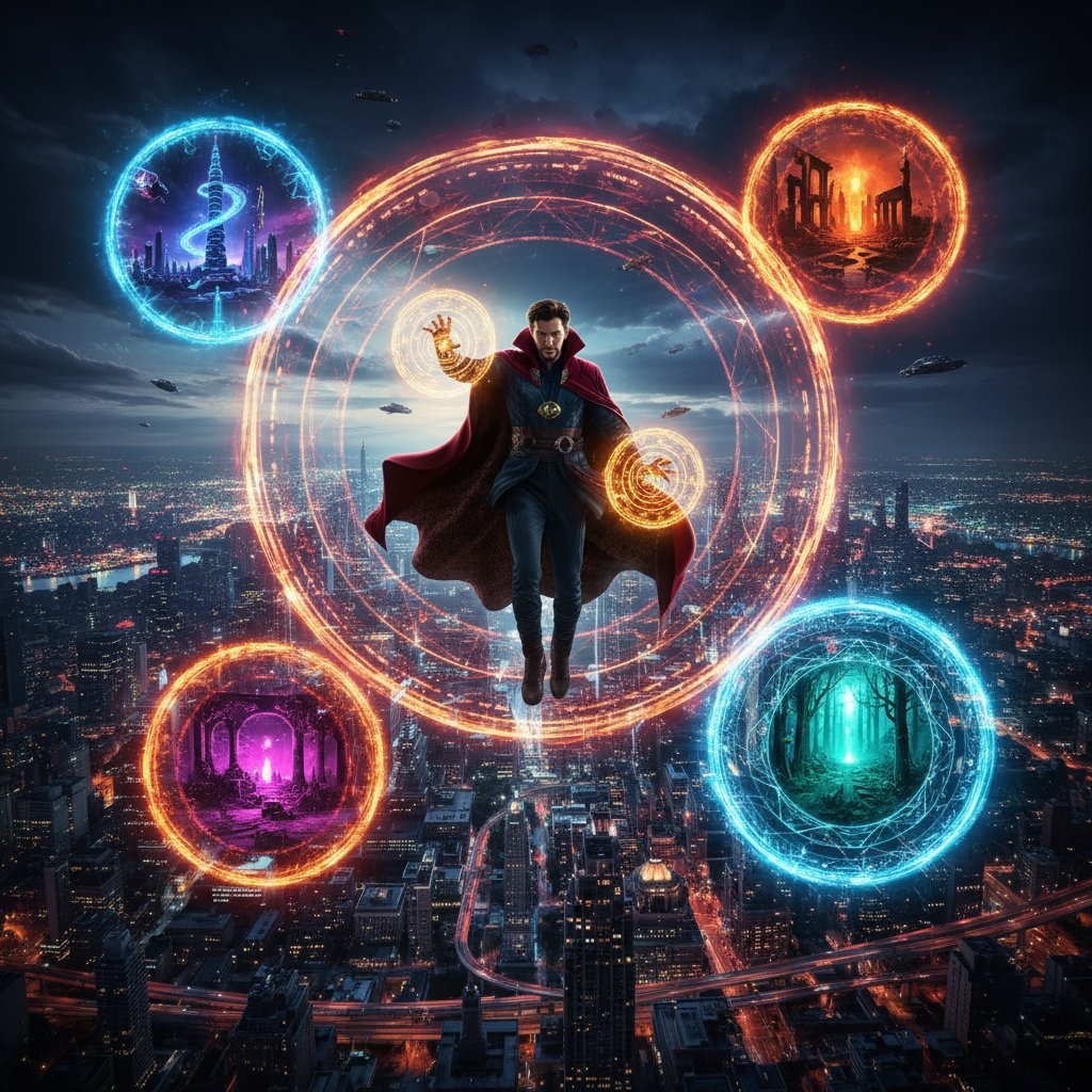 Doctor Strange floating over a fractured city with glowing magical portals to alternate realities, futuristic neon scene