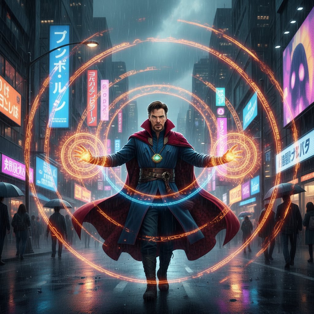 Actor dressed as Doctor Strange stands on a neon-lit street at night, swirling magical energy around him, urban vibe, cinematic realism